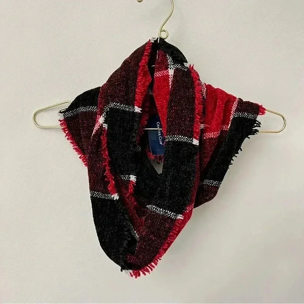 Charter Club Chenille Infinity Scarf Black Red Multi Plaid Woven Loop Fringed